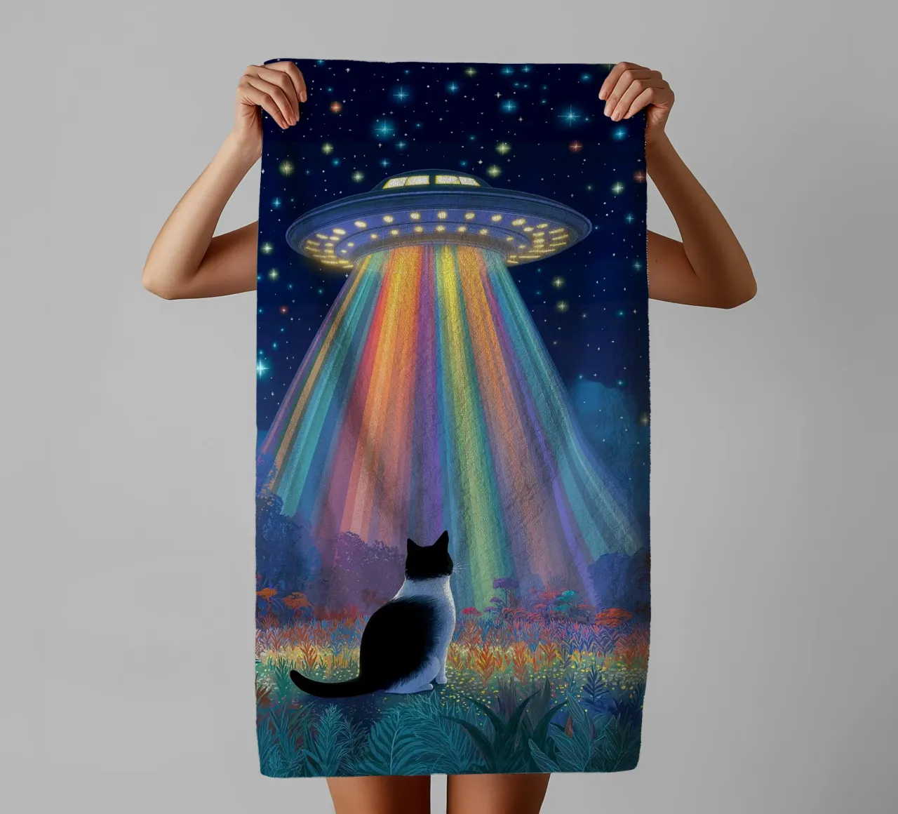 Cat vs UFO Spaceship towel by Stellar Creative