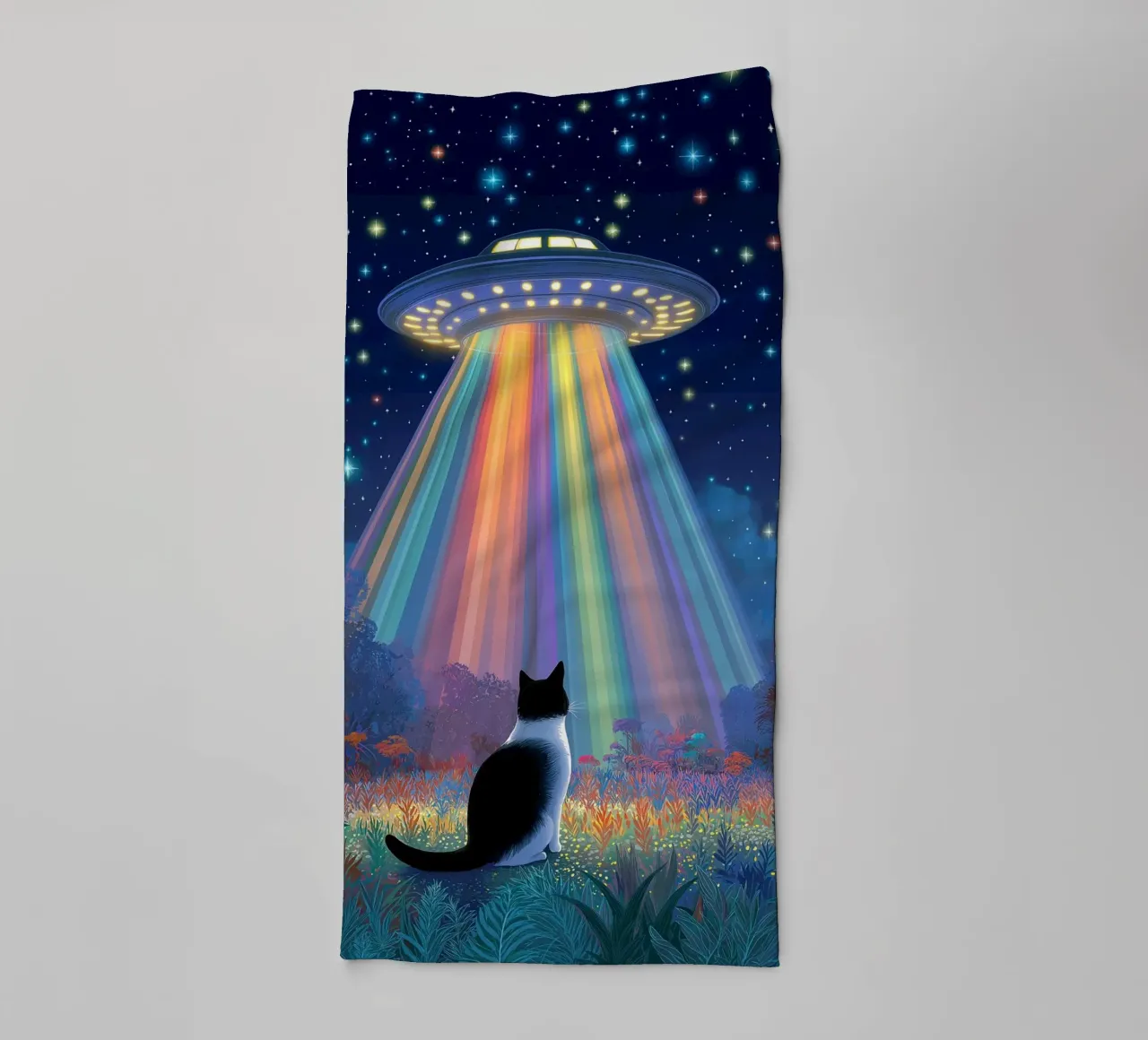 Cat vs UFO Spaceship towel by Stellar Creative