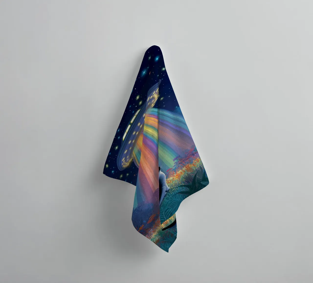 Cat vs UFO Spaceship towel by Stellar Creative