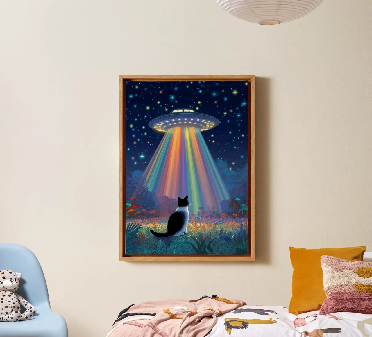 Cat vs UFO Spaceship canvas with Floater frame by Stellar Creative
