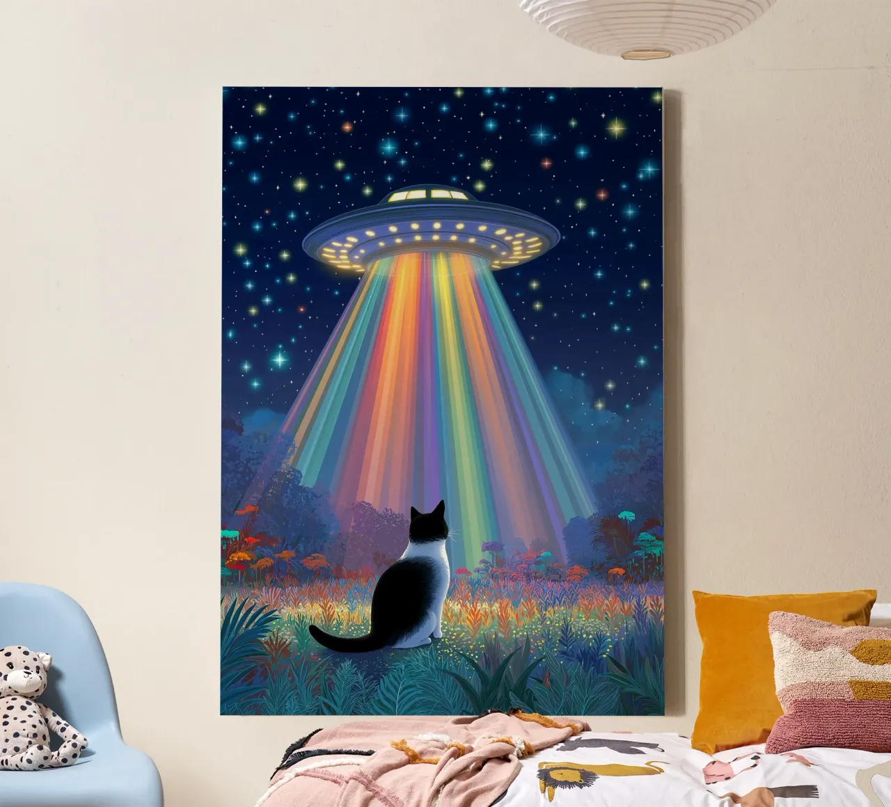 Cat vs UFO Spaceship canvas with Floater frame by Stellar Creative