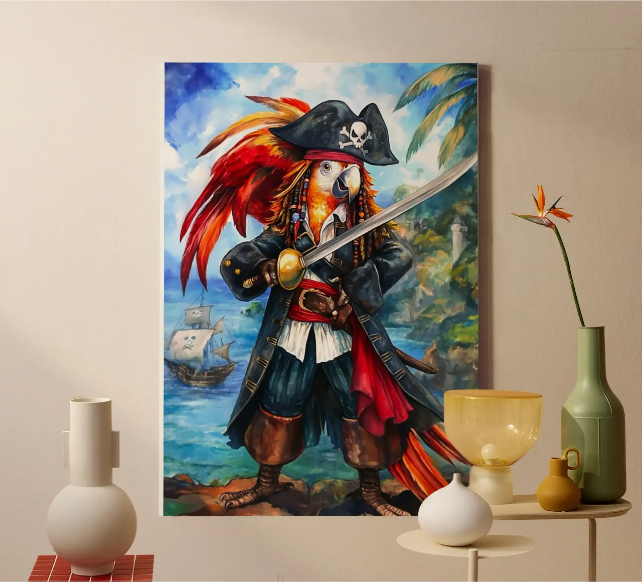 Pappagallo Capitano Pirata con spada tela con Cornice a cassetta da Fleur de Lys