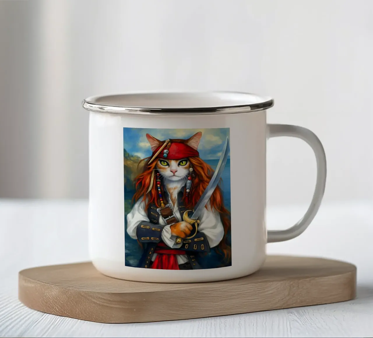 Gatto capitano pirata con spada tazza in smalto da Fleur de Lys