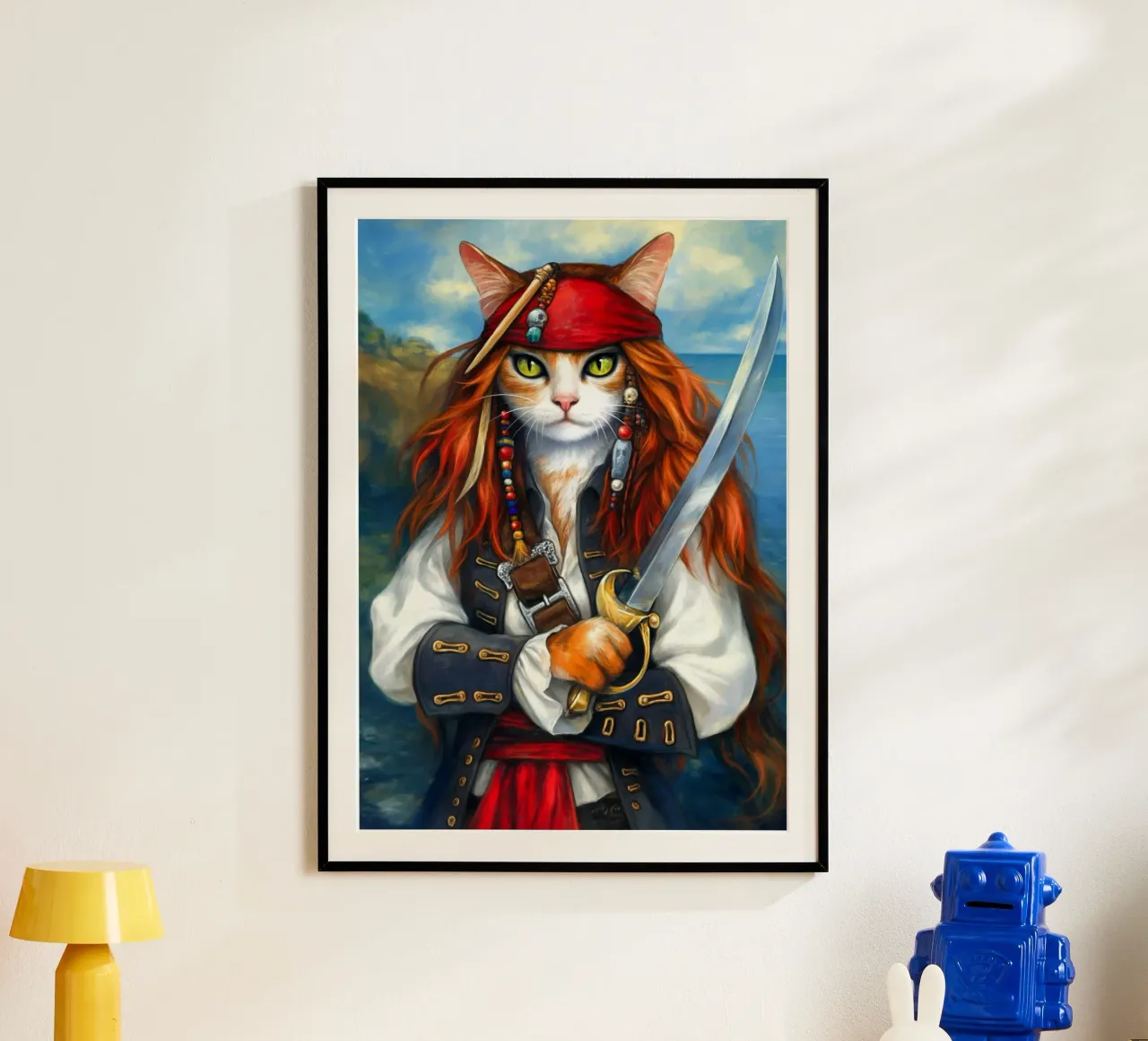 Gatto capitano pirata con spada poster con telaio in alluminio da Fleur de Lys