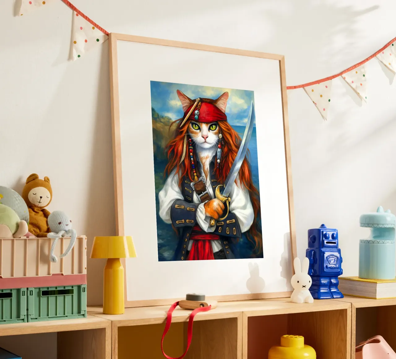 Gatto capitano pirata con spada poster con telaio in alluminio da Fleur de Lys