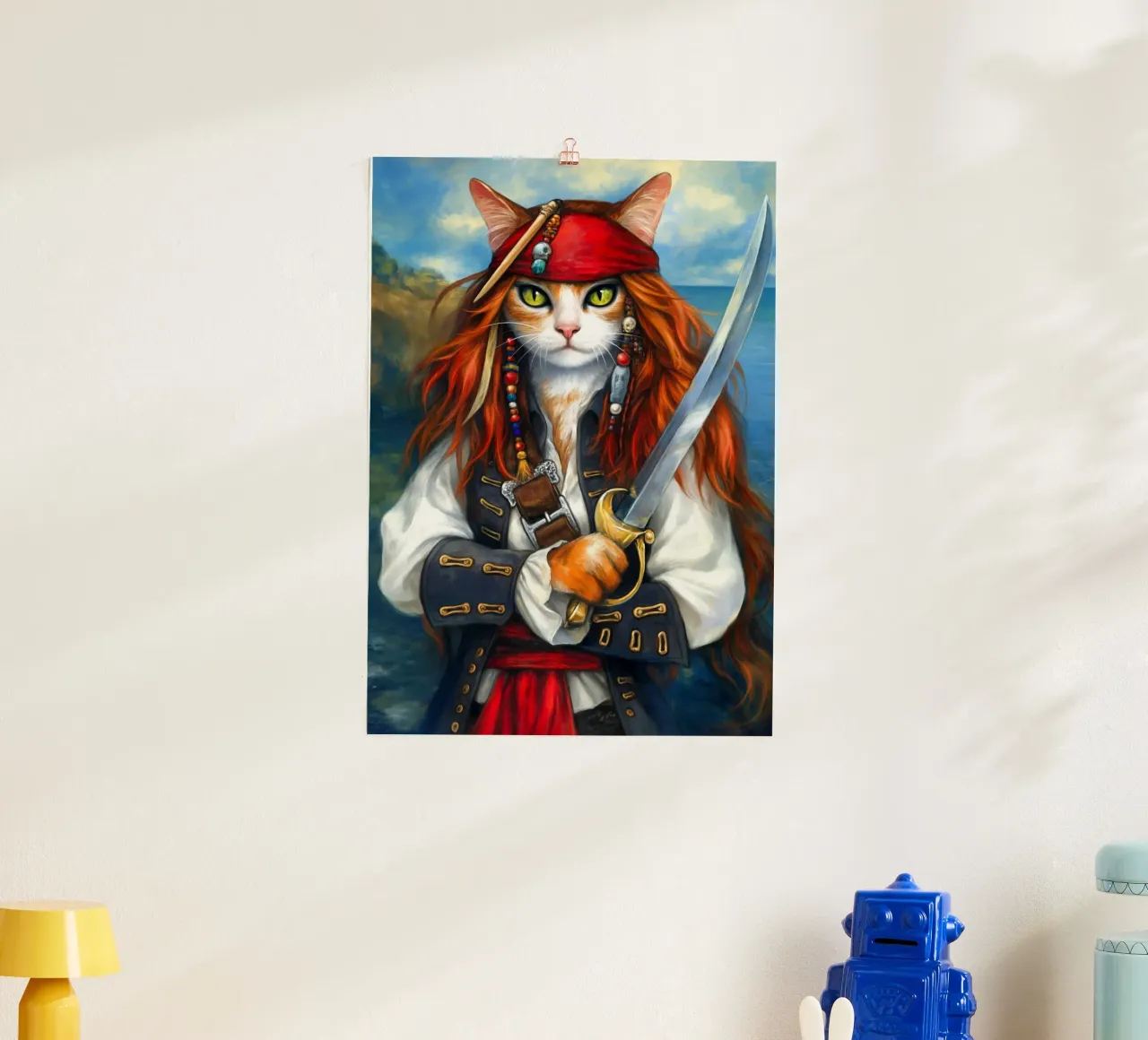 Gatto capitano pirata con spada poster con telaio in alluminio da Fleur de Lys