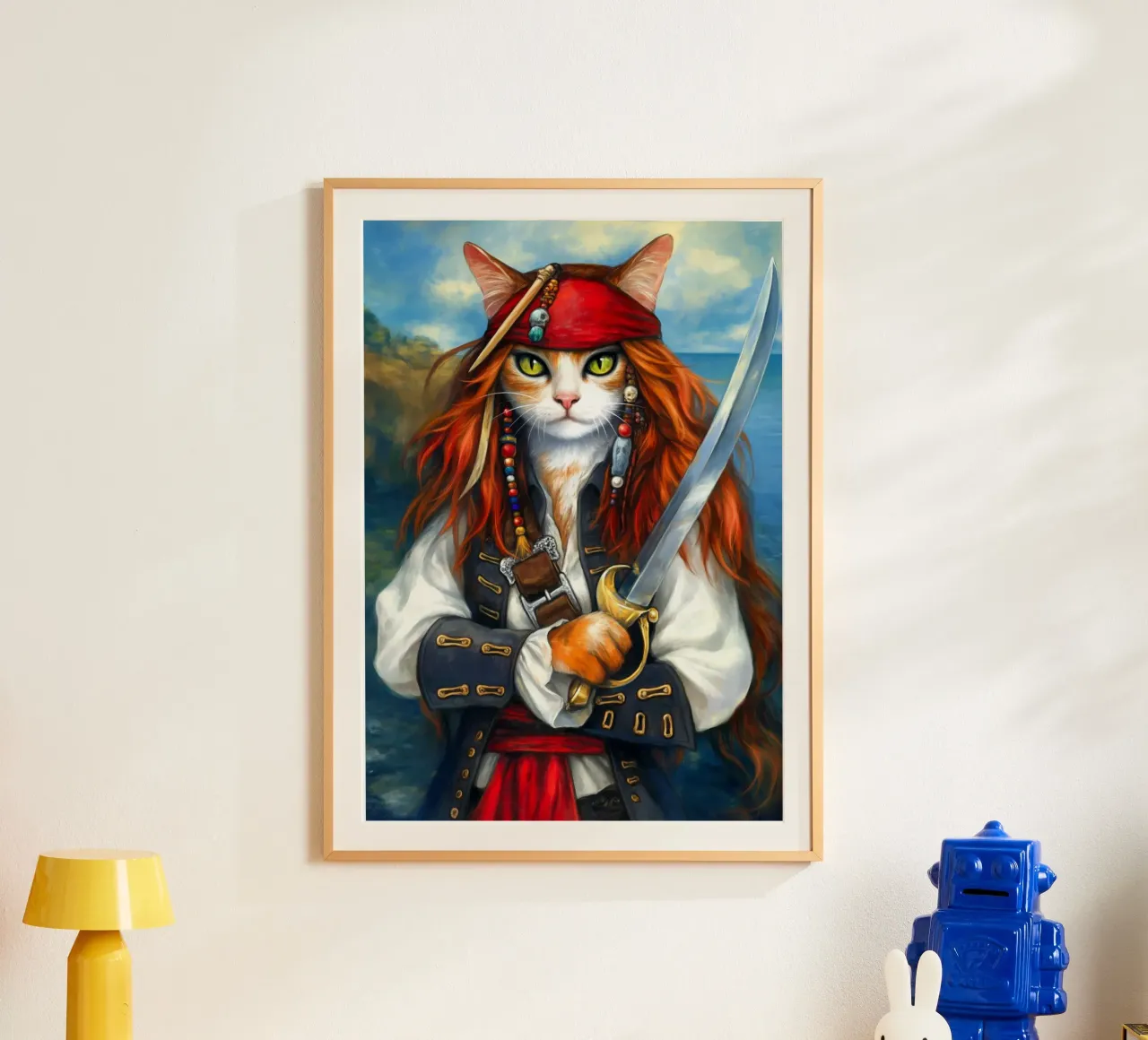 Gatto capitano pirata con spada poster con telaio in alluminio da Fleur de Lys