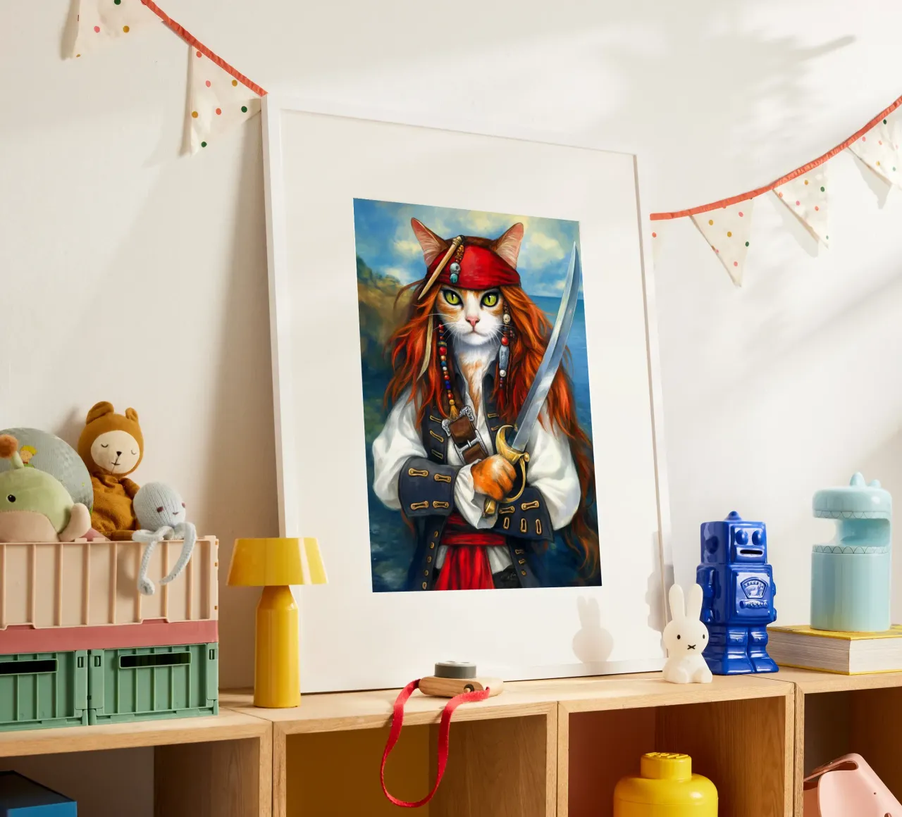 Gatto capitano pirata con spada poster con telaio in alluminio da Fleur de Lys