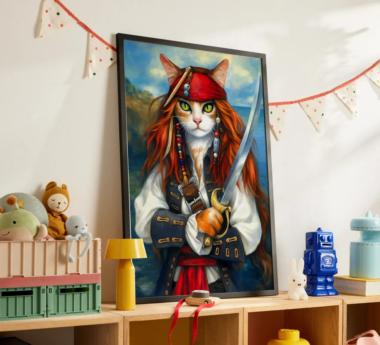 Gatto capitano pirata con spada poster con telaio in alluminio da Fleur de Lys