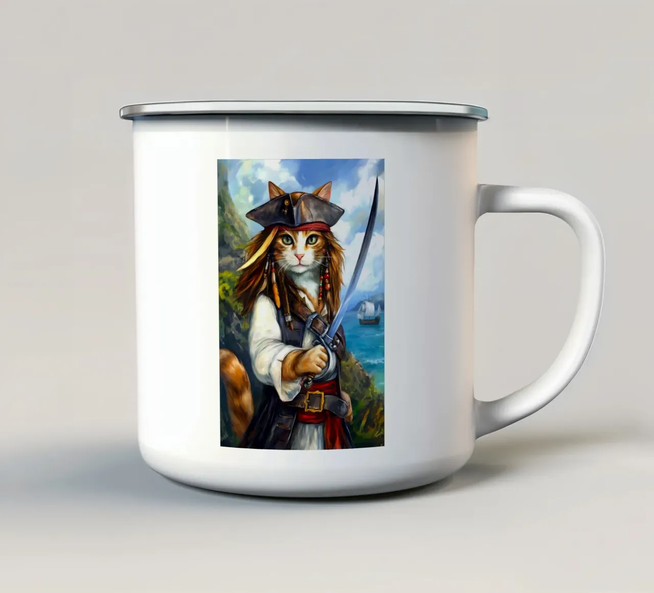Gatto Caraibico Capitano Pirata con Spada tazza in smalto da Fleur de Lys