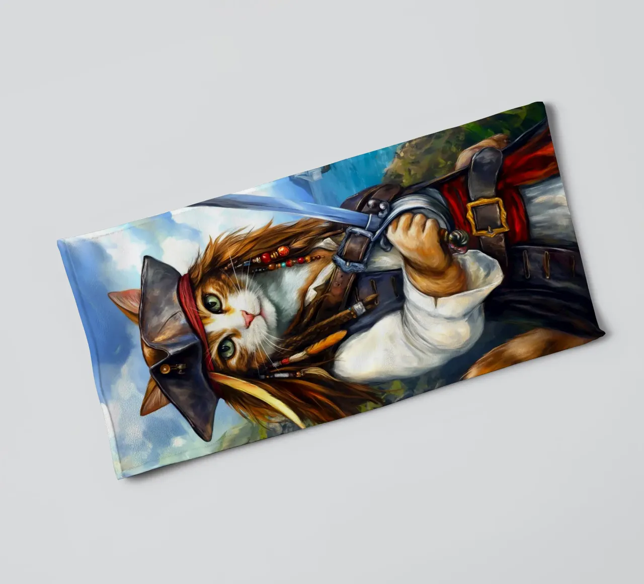 Caribbean Cat Pirate Captain with Sword towel by Fleur de Lys