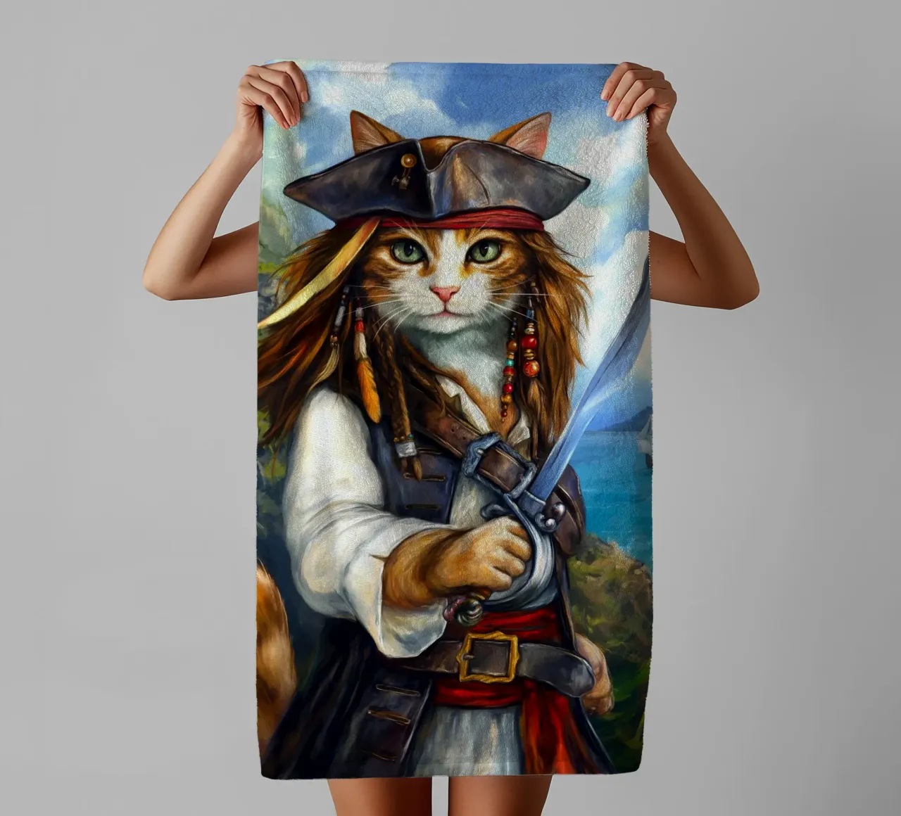 Caribbean Cat Pirate Captain with Sword towel by Fleur de Lys