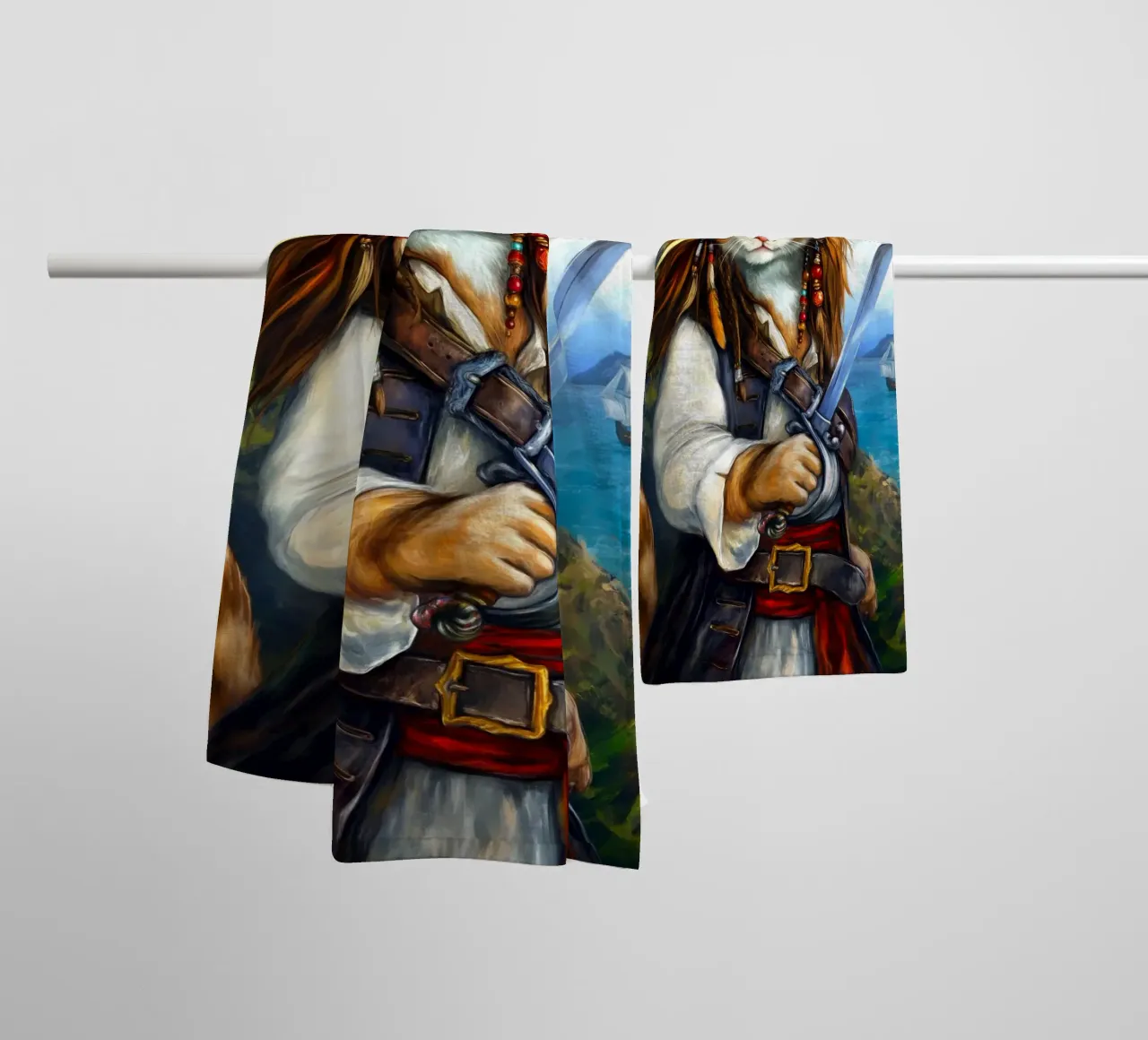 Caribbean Cat Pirate Captain with Sword towel by Fleur de Lys