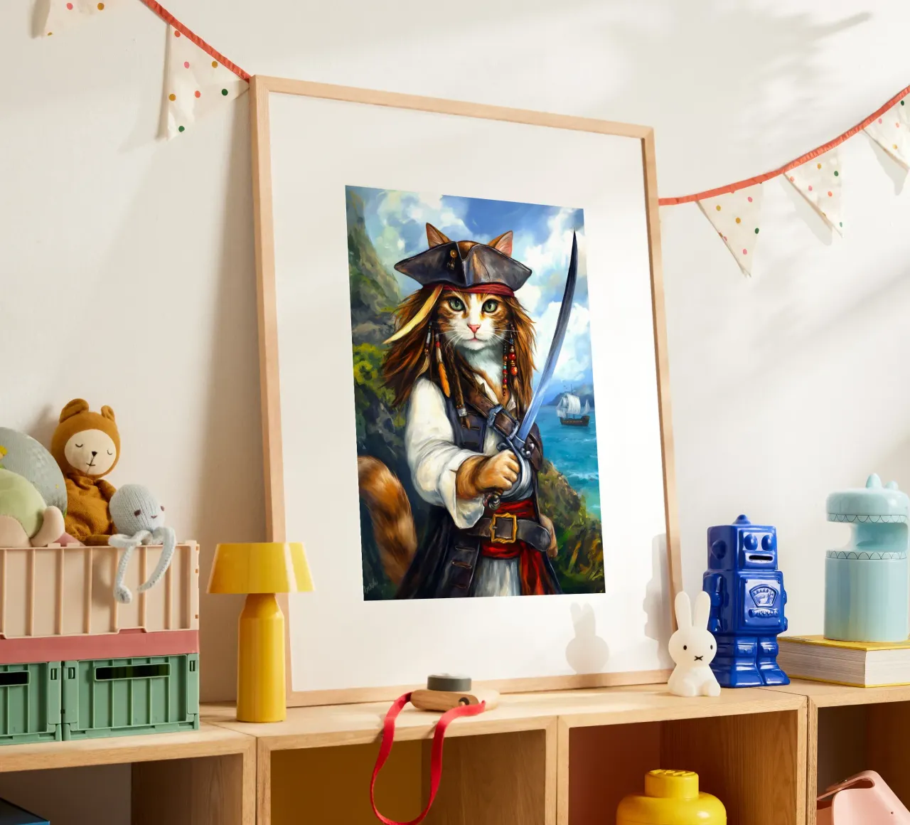 Gatto Caraibico Capitano Pirata con Spada poster con telaio in alluminio da Fleur de Lys