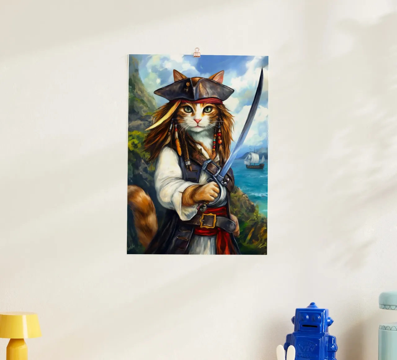 Gatto Caraibico Capitano Pirata con Spada poster con telaio in alluminio da Fleur de Lys