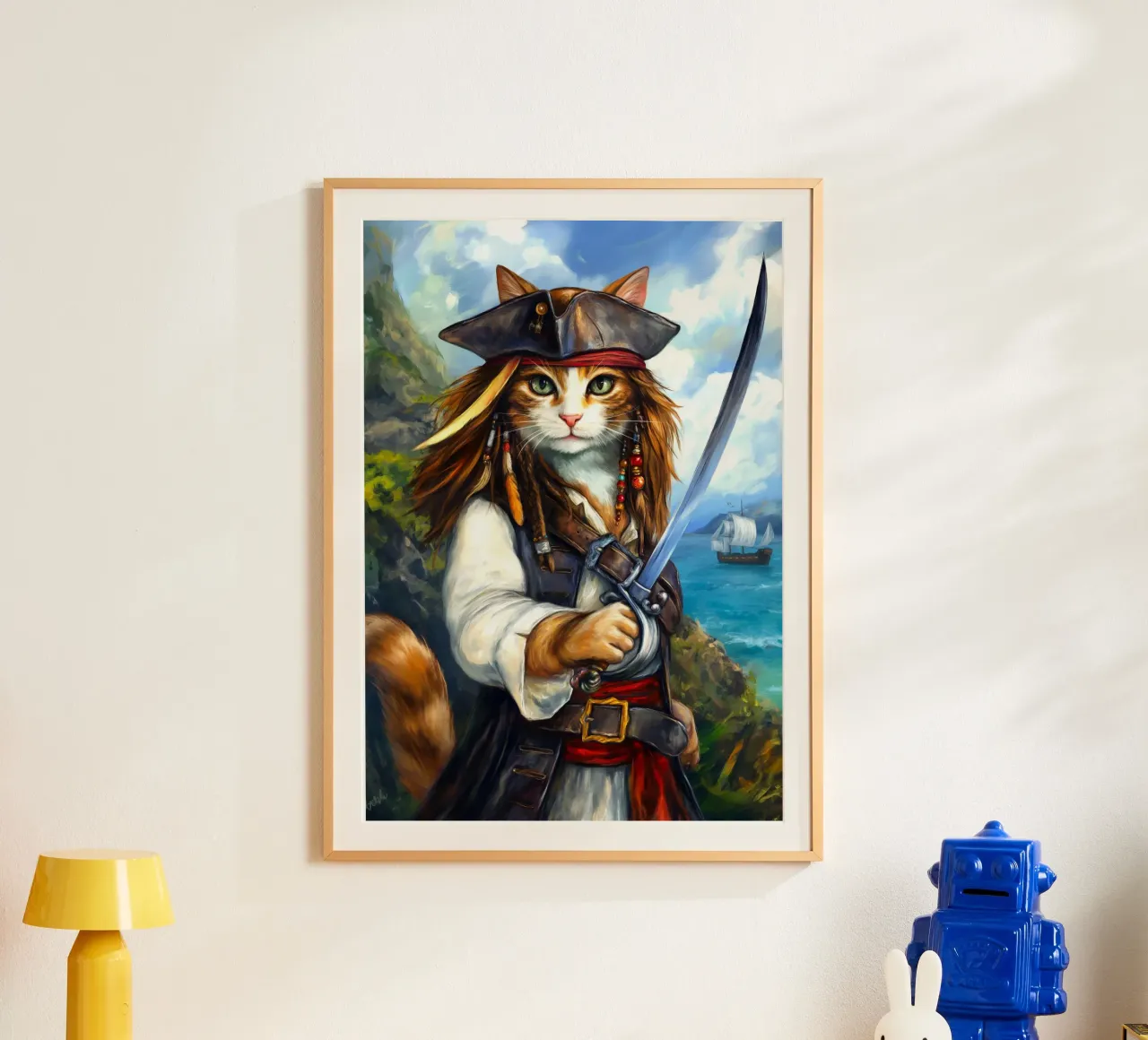 Gatto Caraibico Capitano Pirata con Spada poster con telaio in alluminio da Fleur de Lys