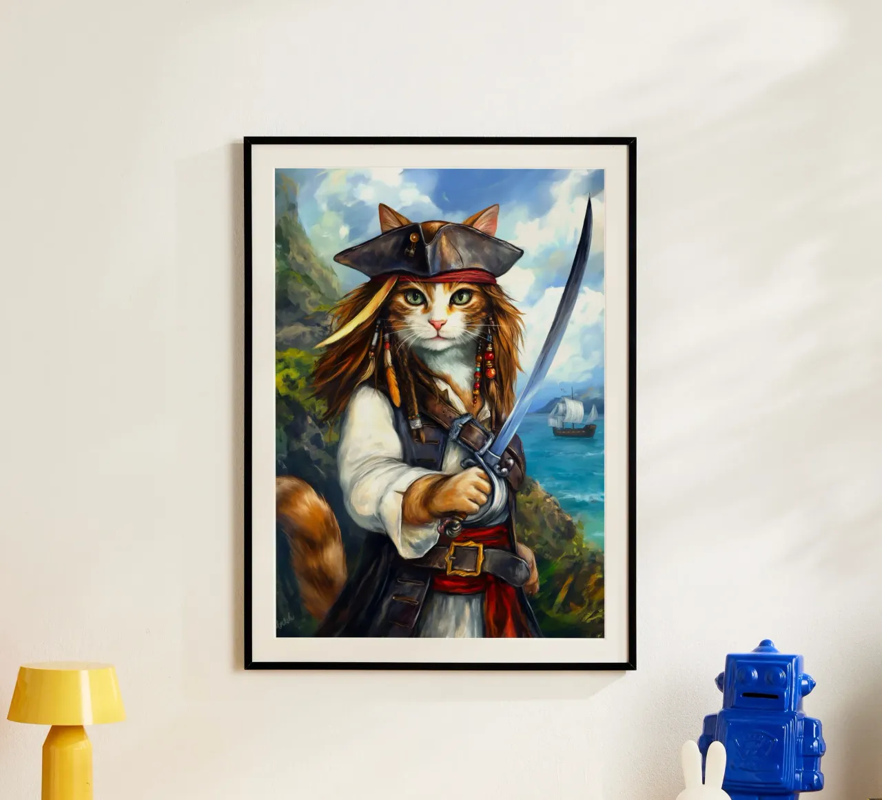 Gatto Caraibico Capitano Pirata con Spada poster con telaio in alluminio da Fleur de Lys