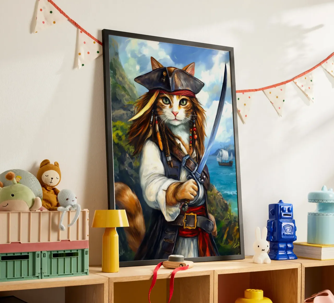 Gatto Caraibico Capitano Pirata con Spada poster con telaio in alluminio da Fleur de Lys