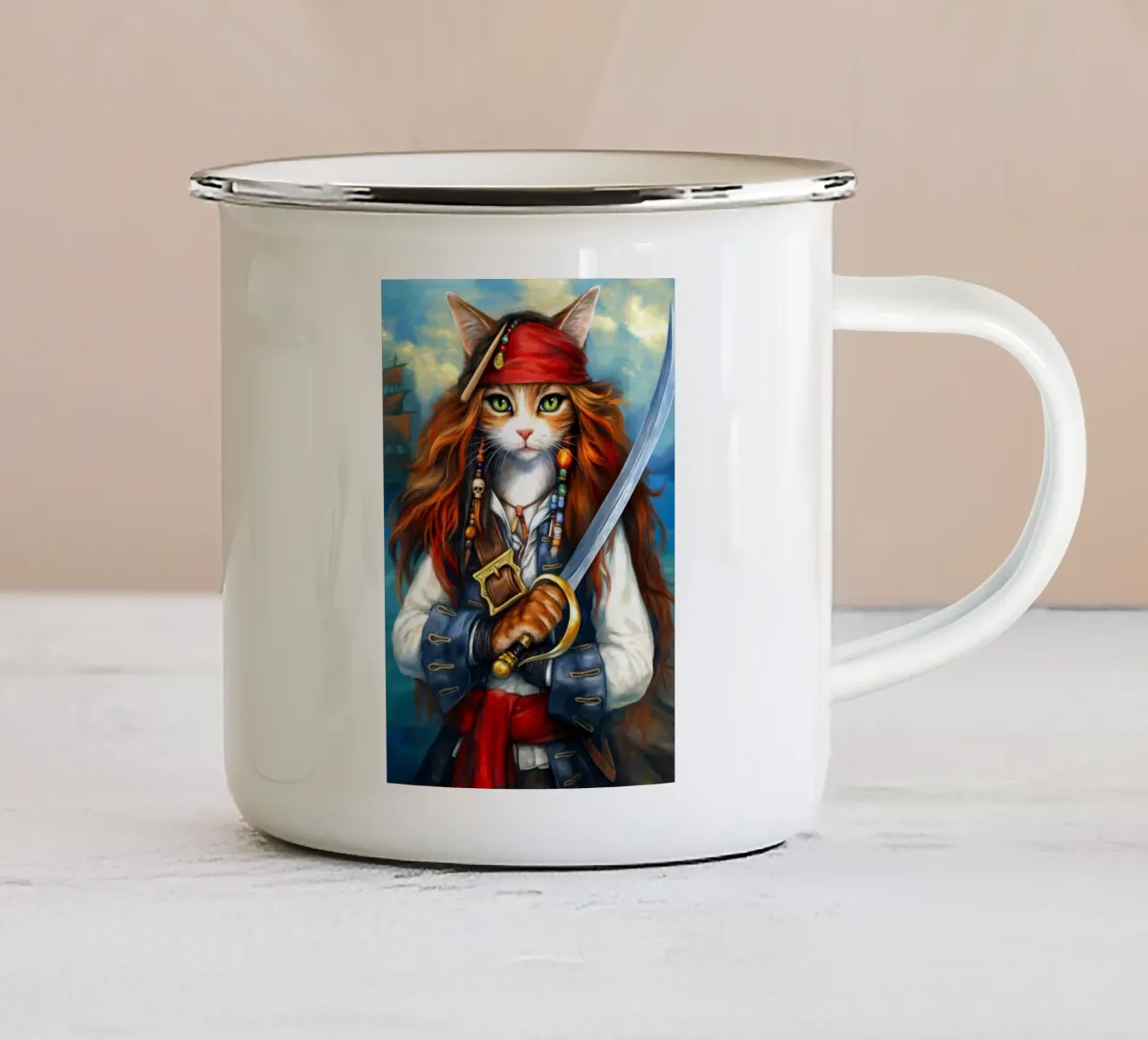 Gatto Caraibico Capitano Pirata tazza in smalto da Fleur de Lys