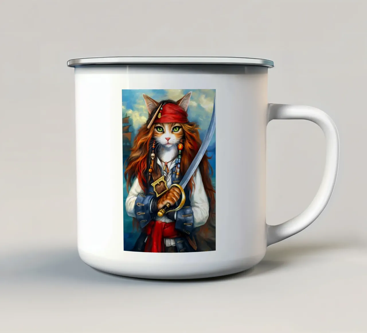 Gatto Caraibico Capitano Pirata tazza in smalto da Fleur de Lys