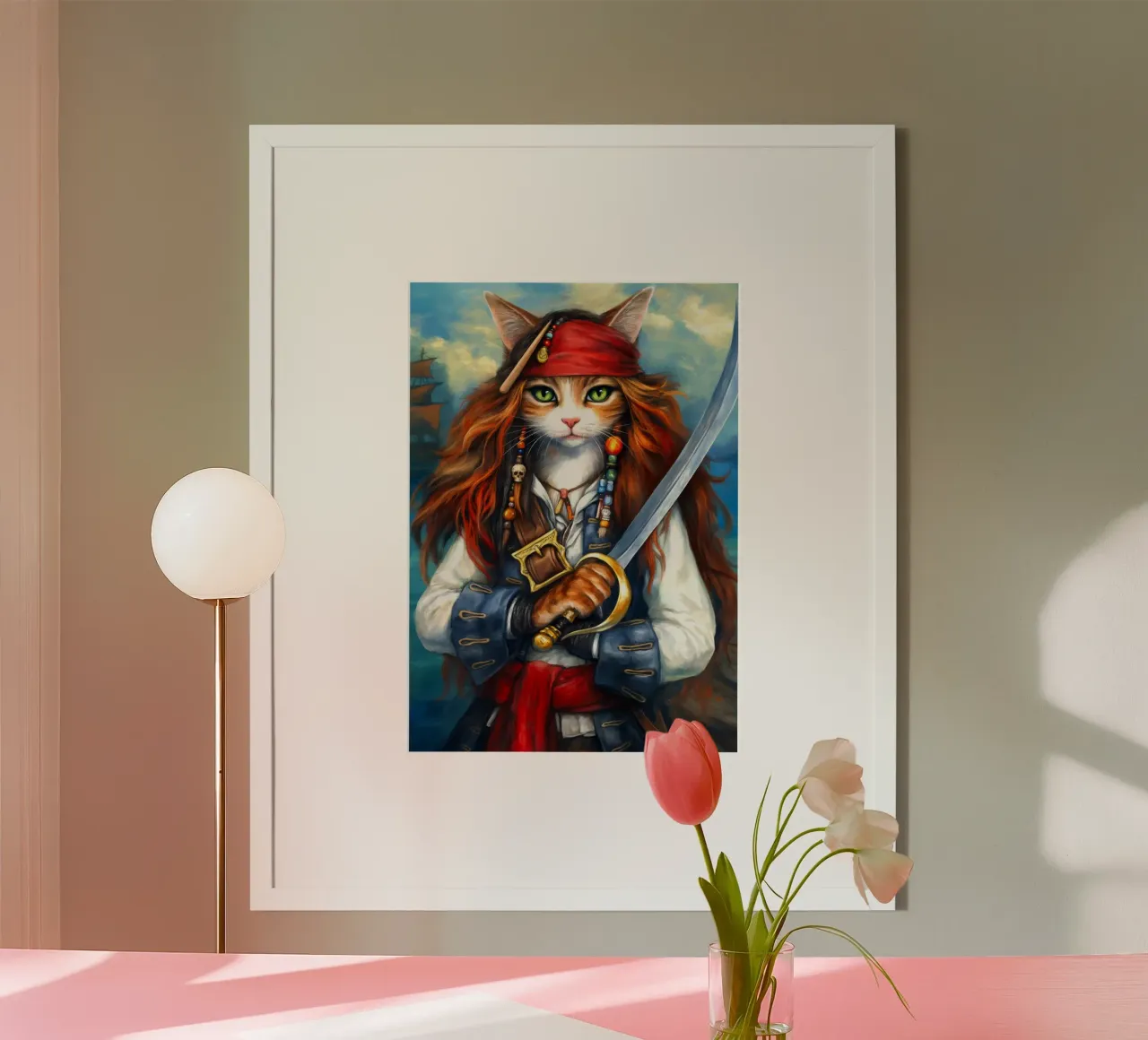 Gatto Caraibico Capitano Pirata poster con telaio in plastica da Fleur de Lys