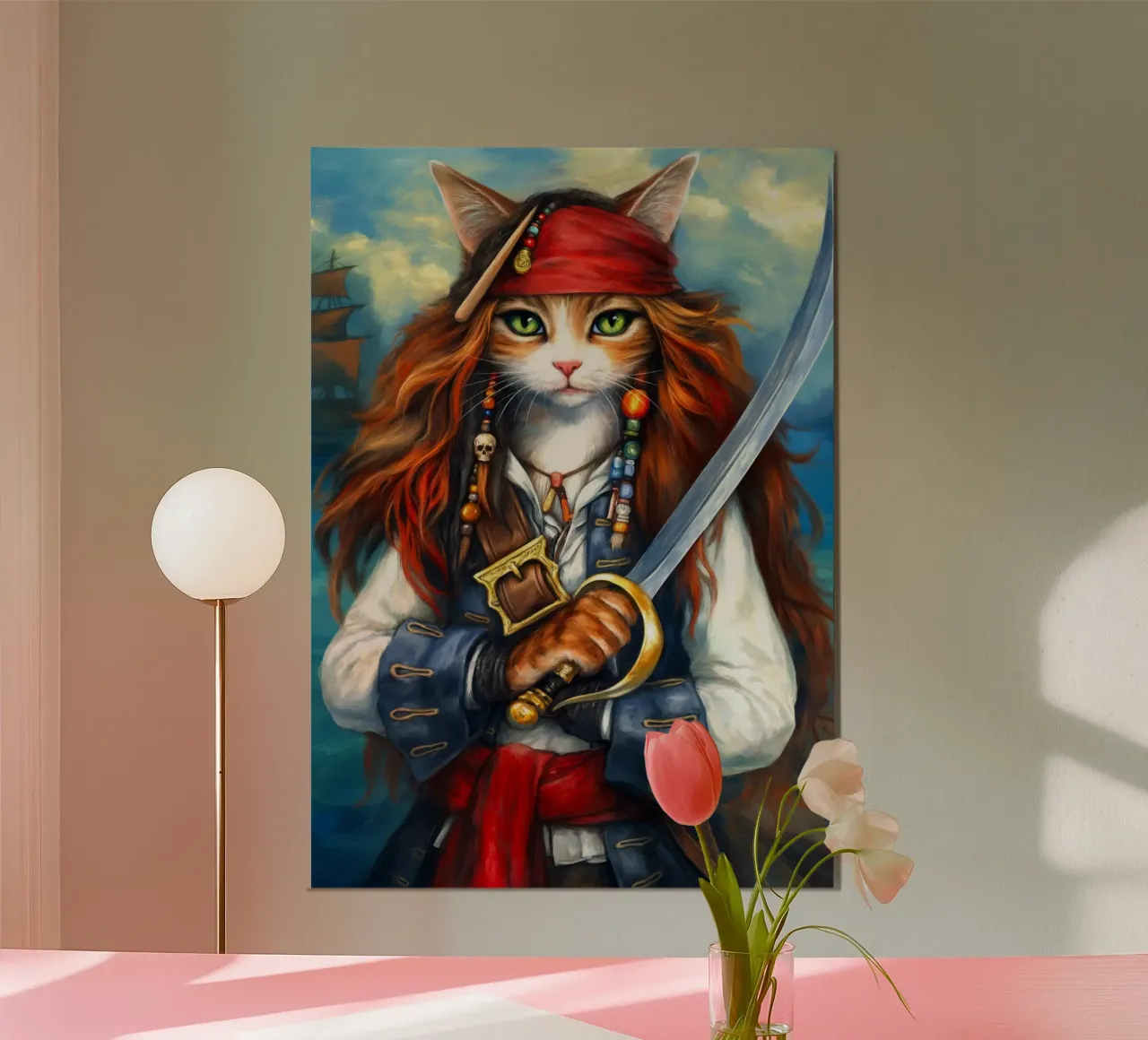 Gatto Caraibico Capitano Pirata poster con telaio in plastica da Fleur de Lys