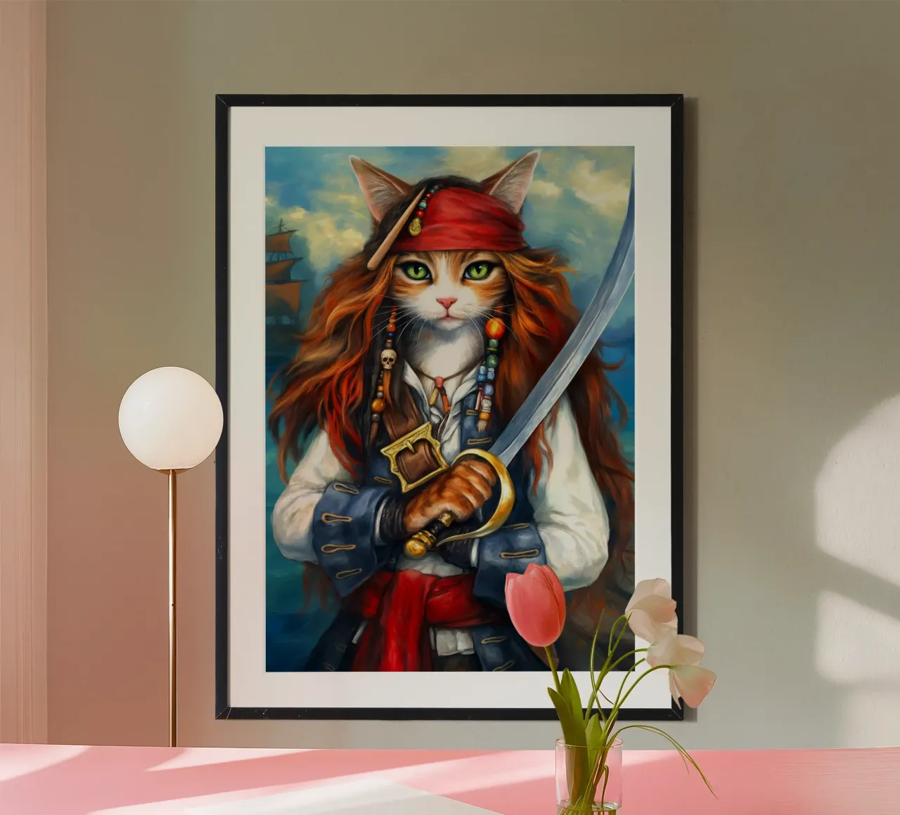 Gatto Caraibico Capitano Pirata poster con telaio in plastica da Fleur de Lys