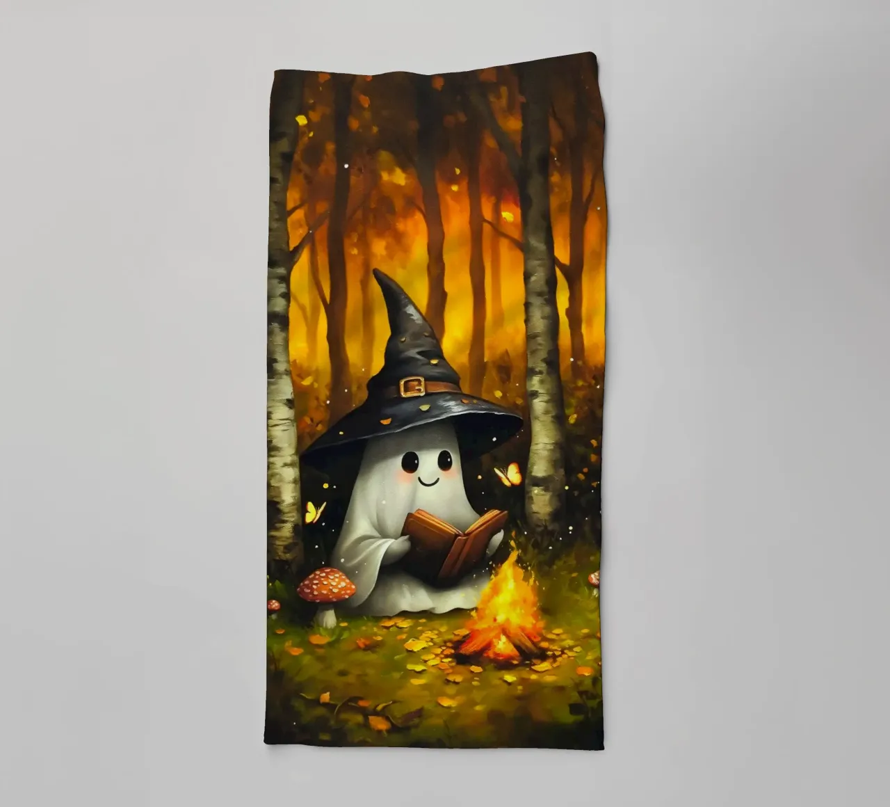 Lecture d'un fantôme en automne autour d'un feu de camp serviette de bain de Fleur de Lys