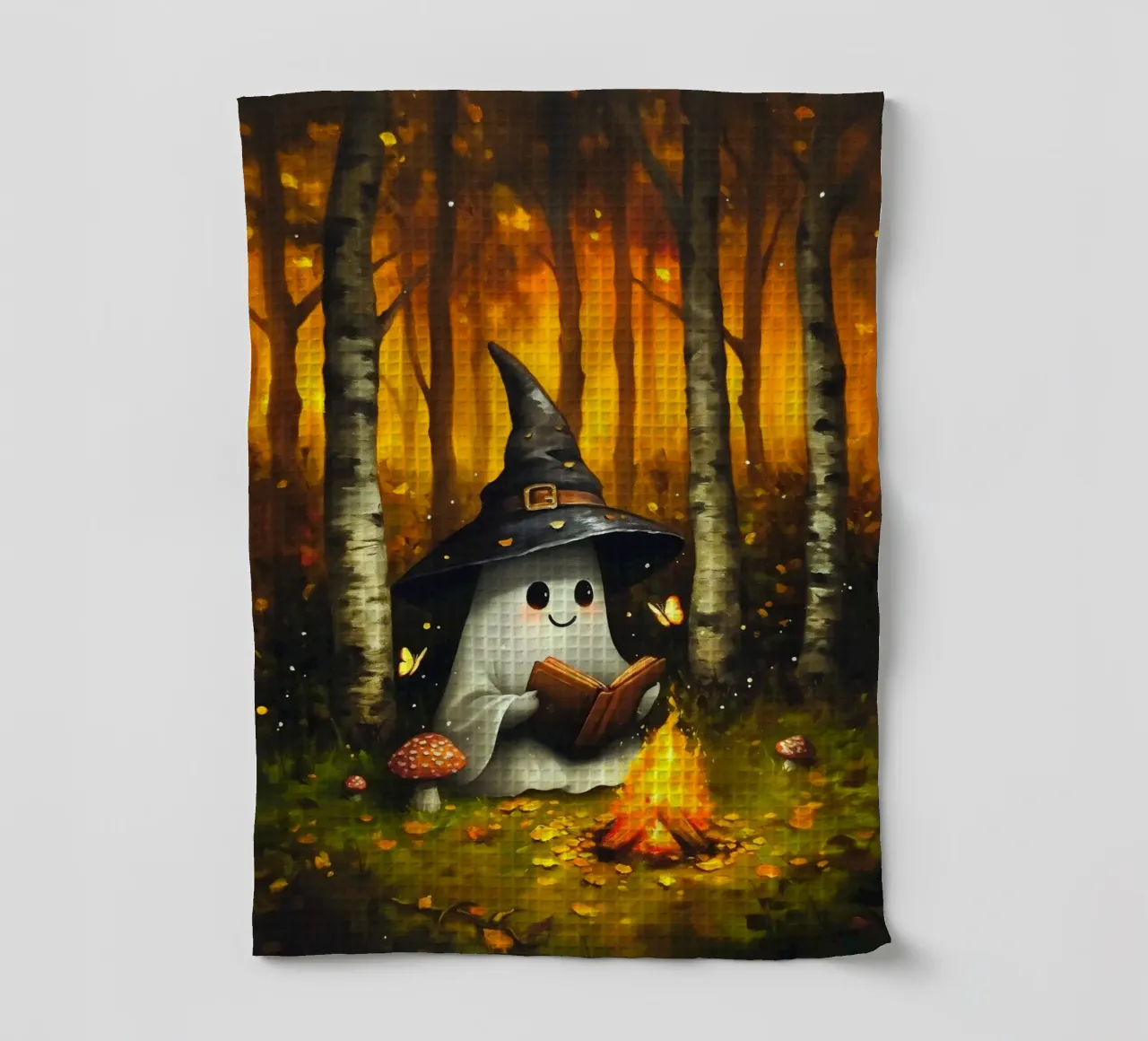 Lecture d'un fantôme en automne autour d'un feu de camp torchon de Fleur de Lys