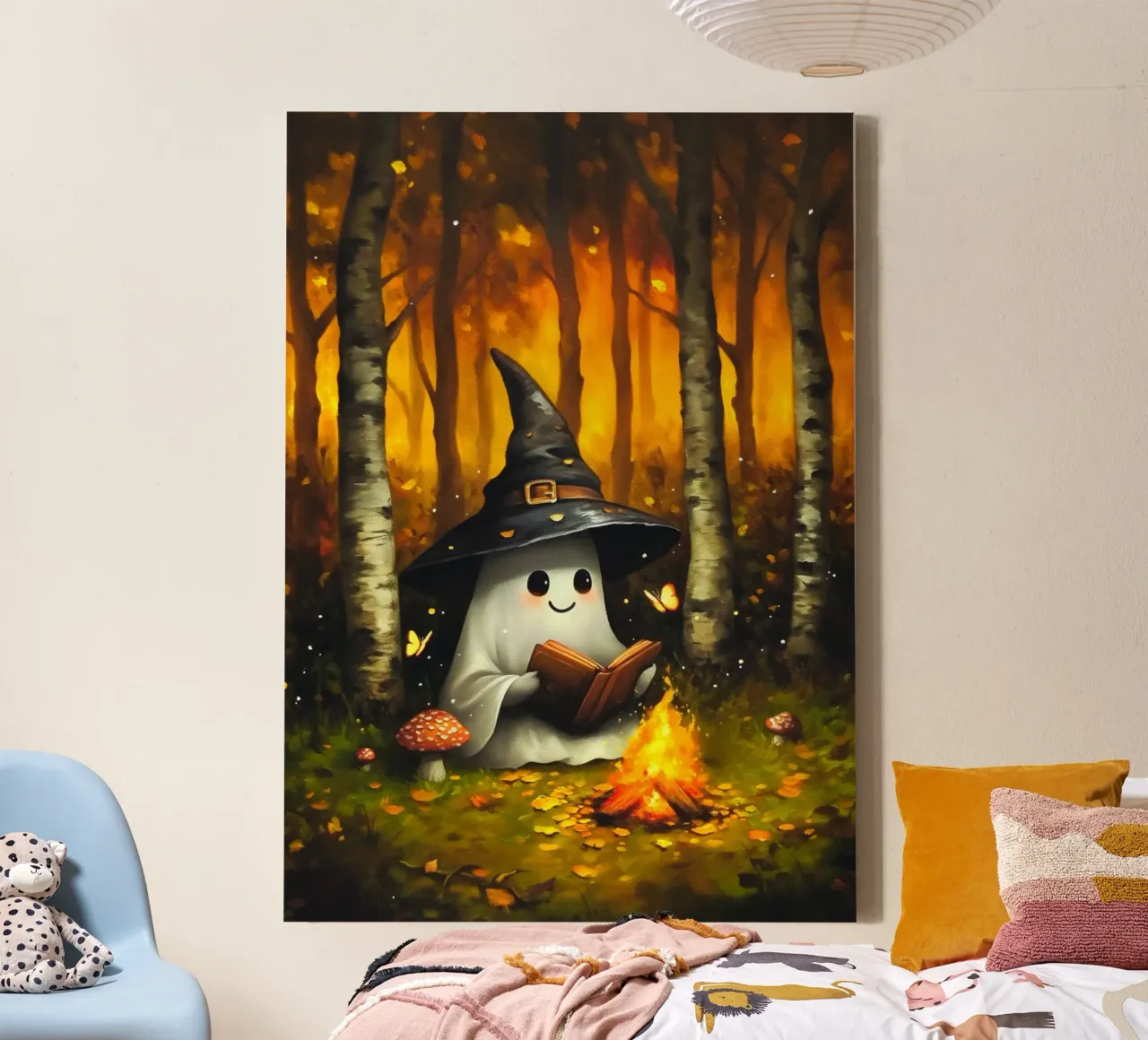 Lecture d'un fantôme en automne autour d'un feu de camp toile avec Caisse américaine de Fleur de Lys