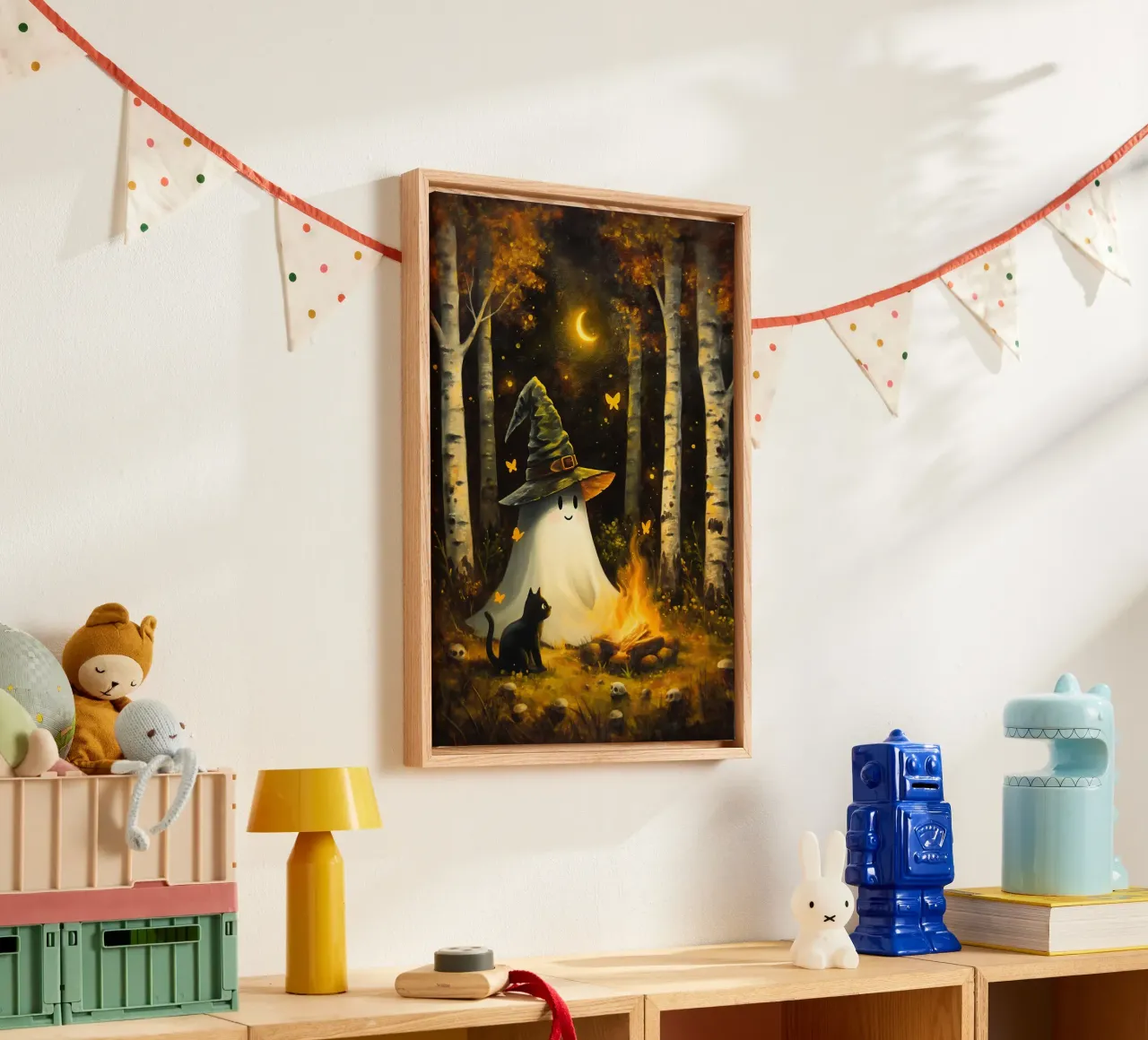 Schattig spook met zwarte kat bij kampvuur in de herfst canvas met Baklijst van Fleur de Lys