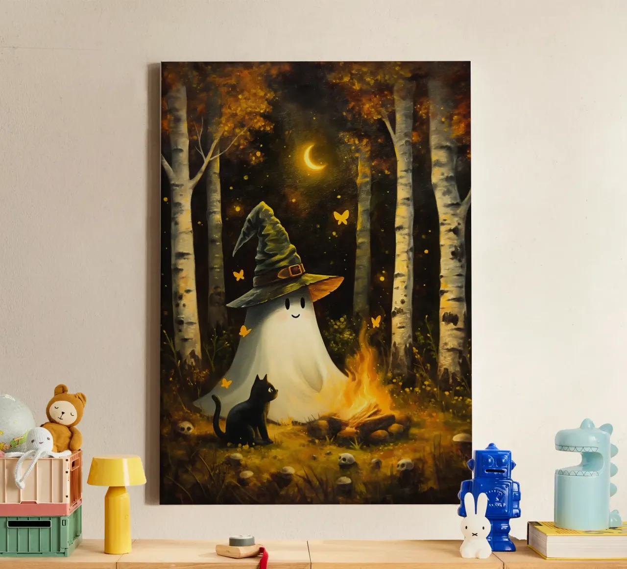 Schattig spook met zwarte kat bij kampvuur in de herfst canvas met Baklijst van Fleur de Lys