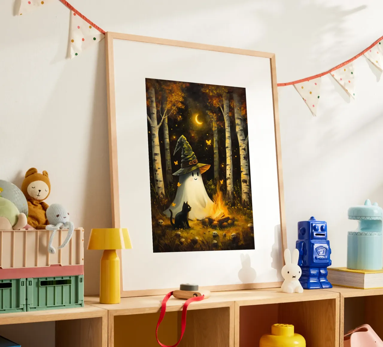 Schattig spook met zwarte kat bij kampvuur in de herfst poster met kunststof frame van Fleur de Lys