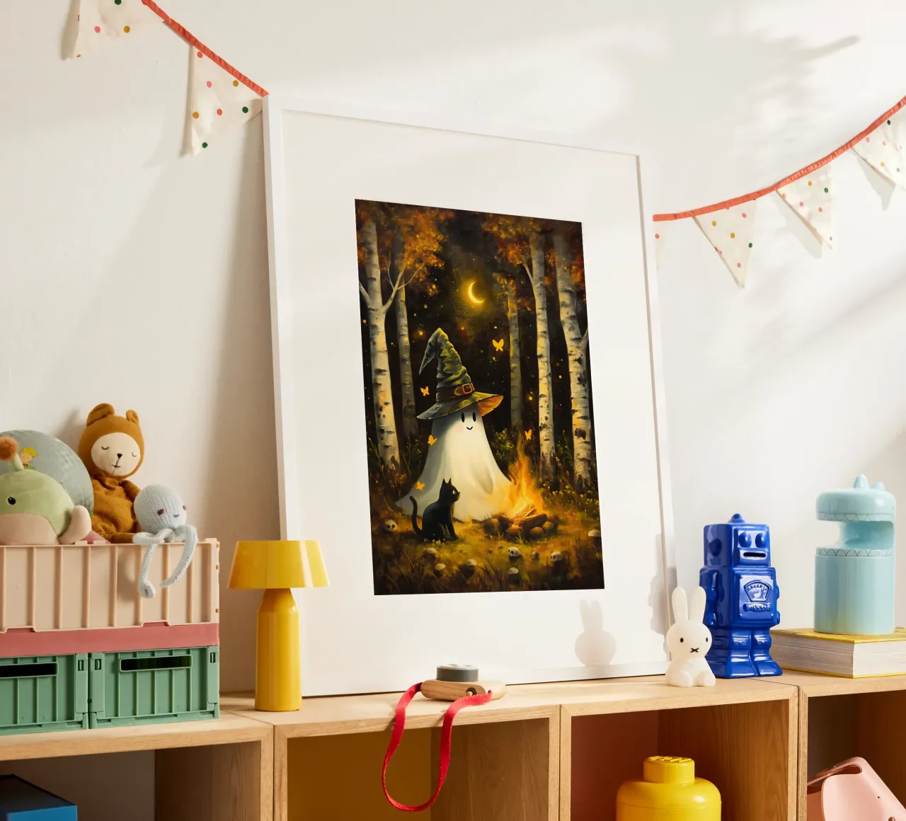 Schattig spook met zwarte kat bij kampvuur in de herfst poster met kunststof frame van Fleur de Lys