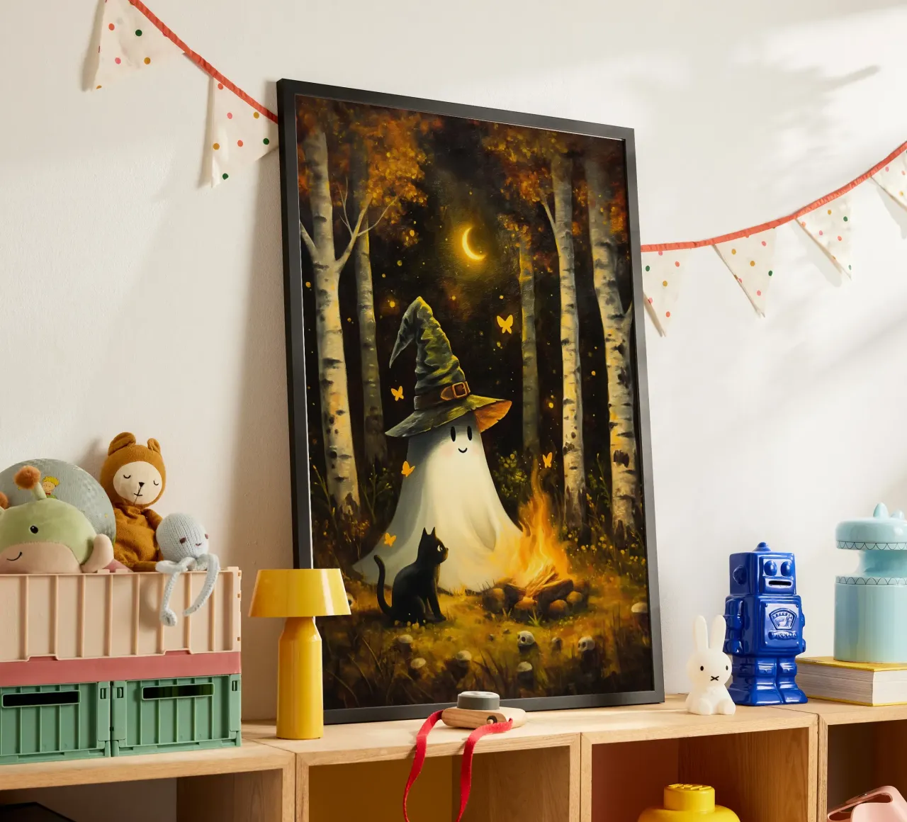 Schattig spook met zwarte kat bij kampvuur in de herfst poster met kunststof frame van Fleur de Lys