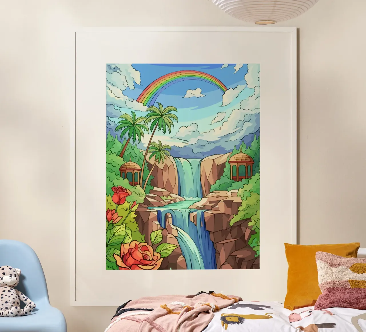 rainbow over the waterfall poster con telaio in alluminio da Dumery Art