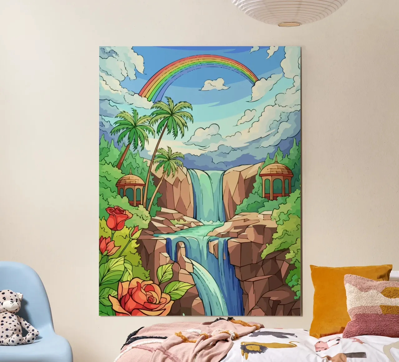 rainbow over the waterfall poster con telaio in alluminio da Dumery Art