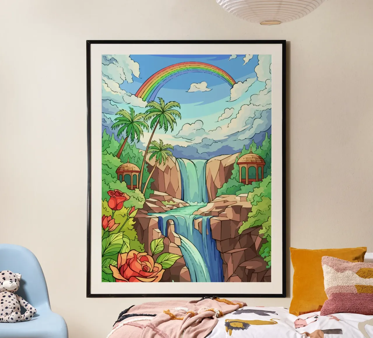 rainbow over the waterfall poster con telaio in alluminio da Dumery Art