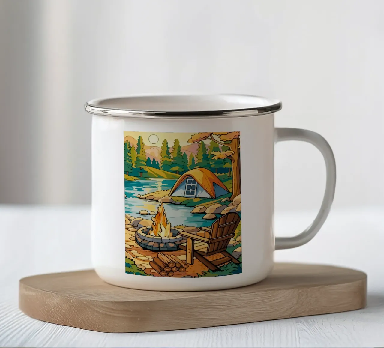 camping on the river bank tazza in smalto da Dumery Art