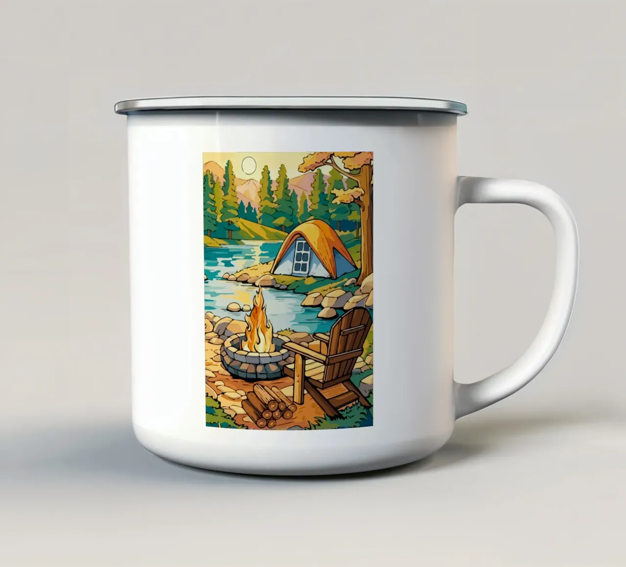 camping on the river bank tazza in smalto da Dumery Art