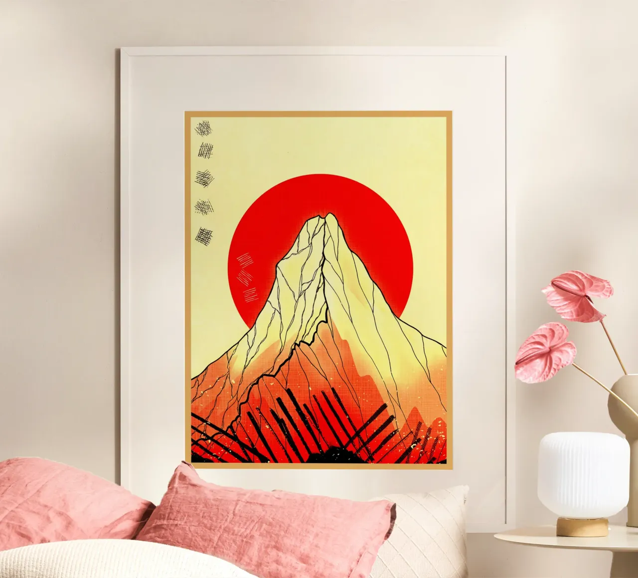sole di montagna linee circolari rosse poster con telaio in alluminio da Christine N Shay