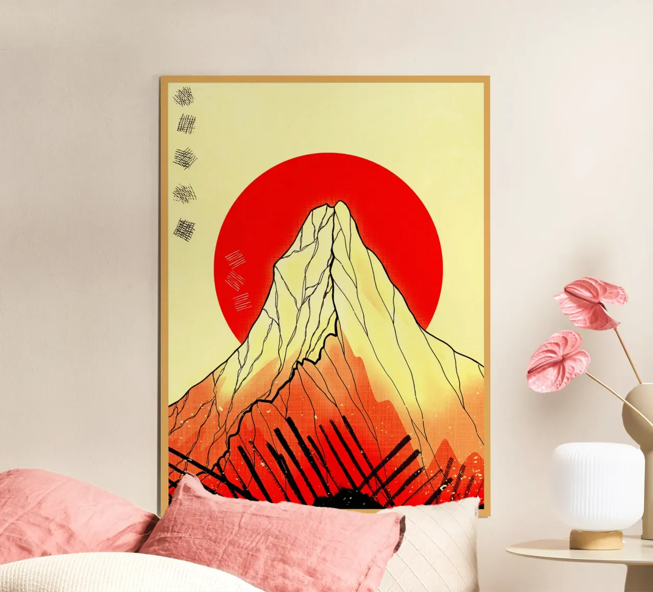sole di montagna linee circolari rosse poster con telaio in alluminio da Christine N Shay