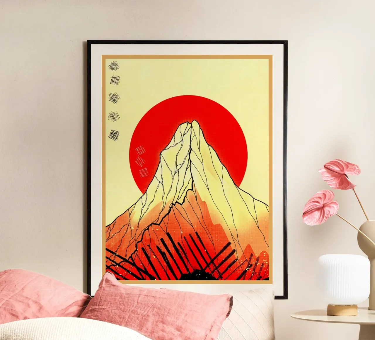 sole di montagna linee circolari rosse poster con telaio in alluminio da Christine N Shay