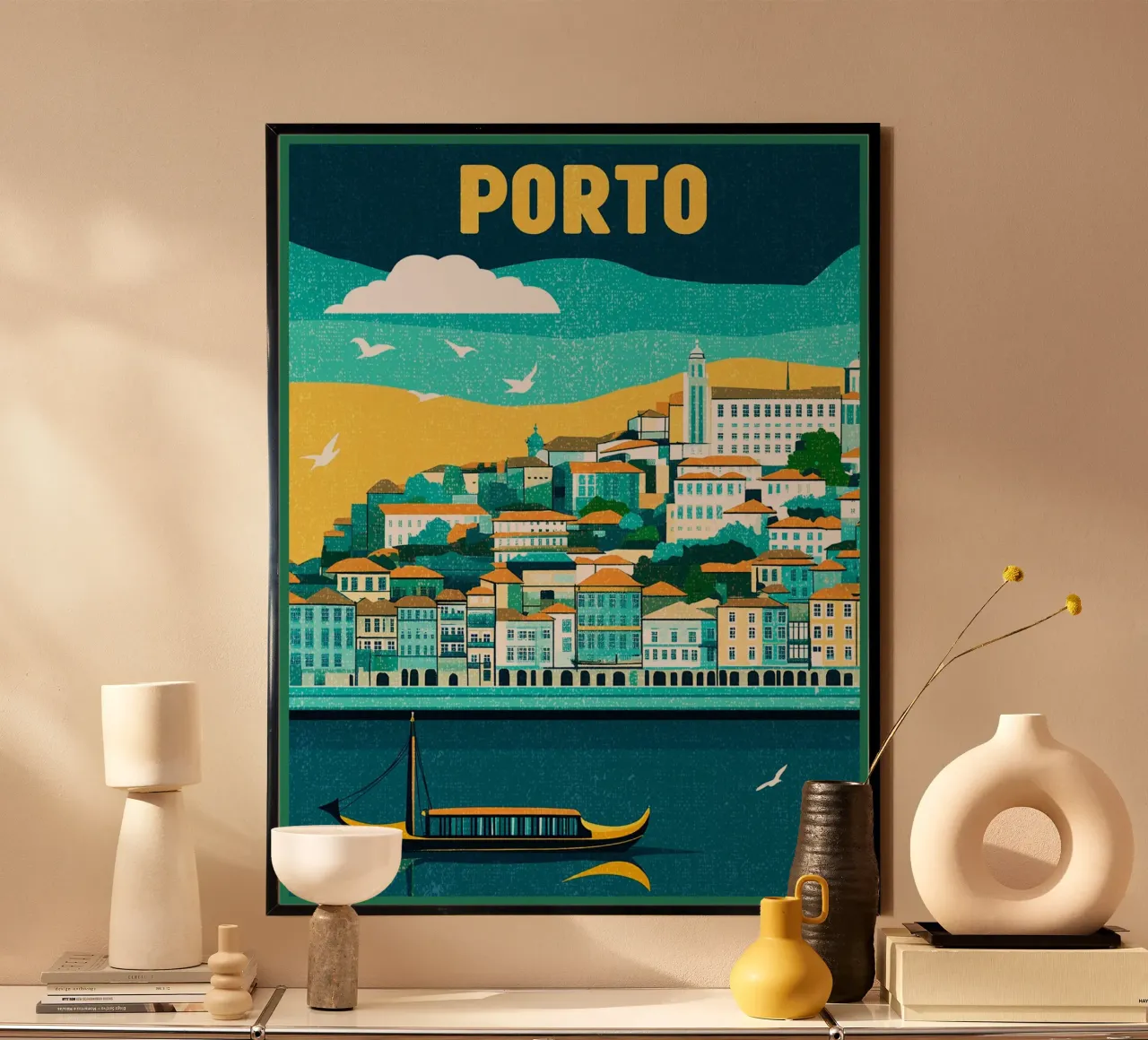 stadsgezicht rivier skyline boot architectuur poster met houten frame van Christine N Shay