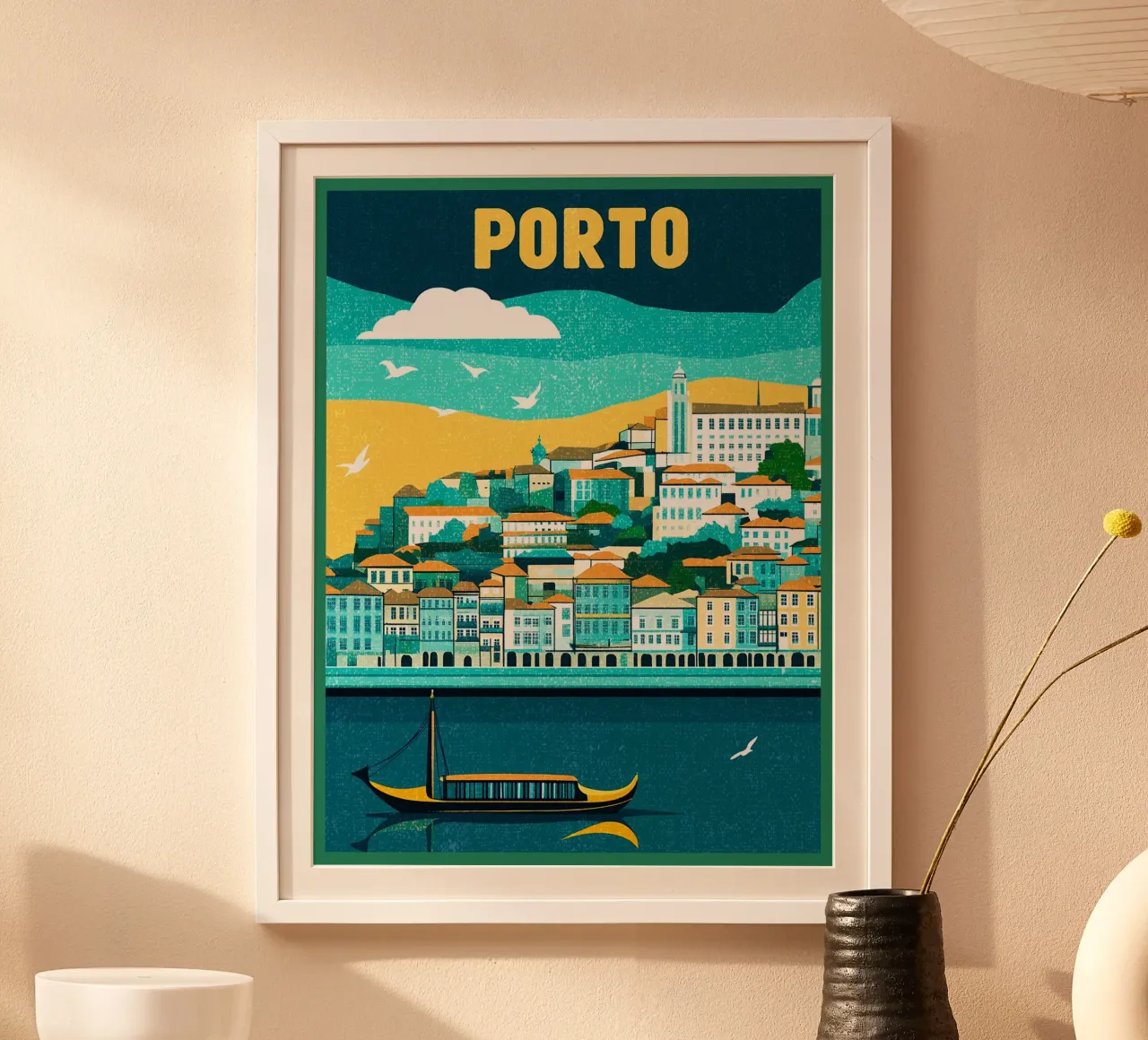 stadsgezicht rivier skyline boot architectuur poster met houten frame van Christine N Shay