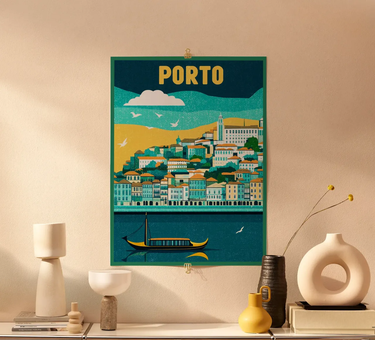 stadsgezicht rivier skyline boot architectuur poster met houten frame van Christine N Shay