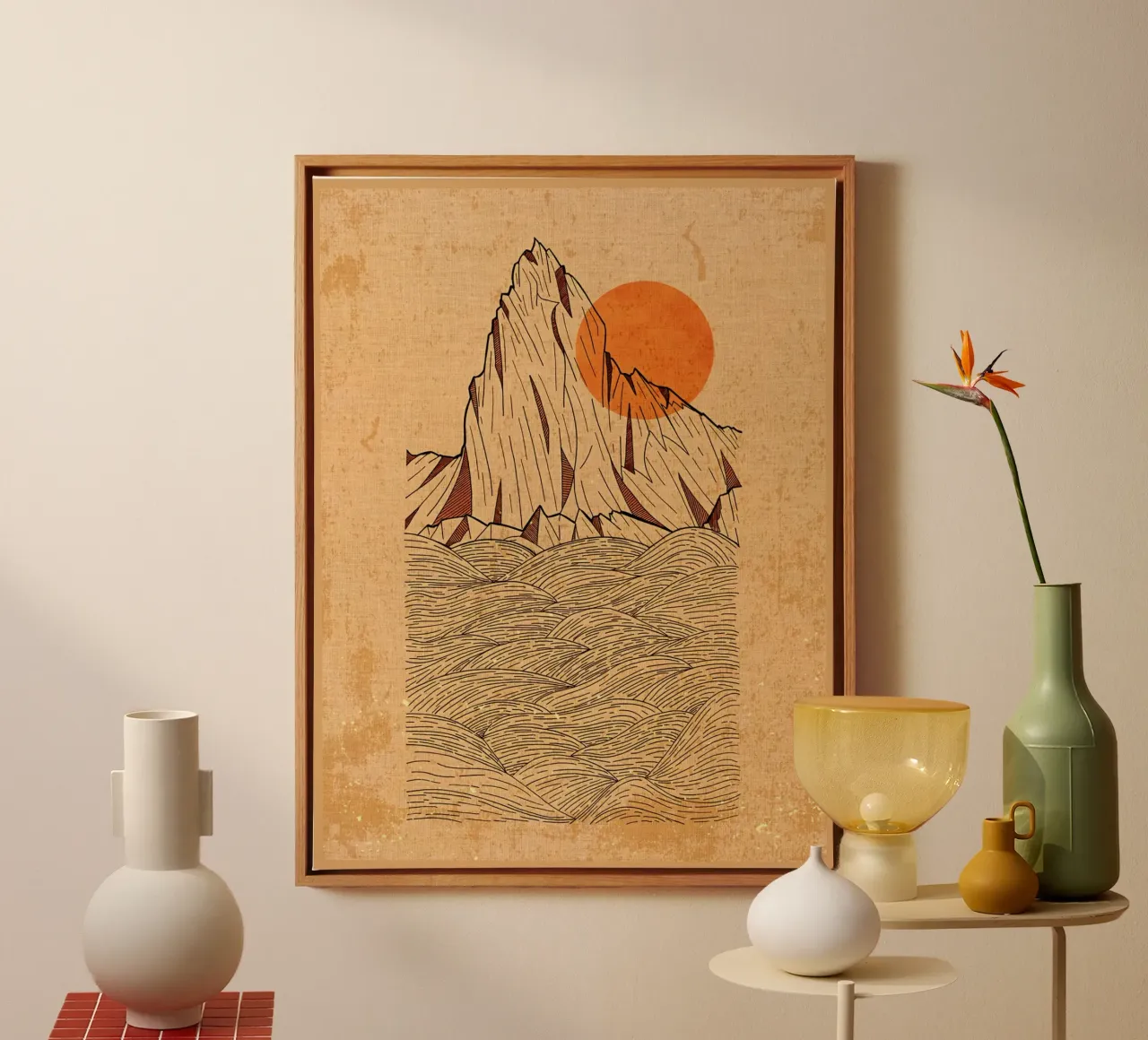 mountain sun sea waves landscape rocky canvas with Floater frame by Christine N Shay