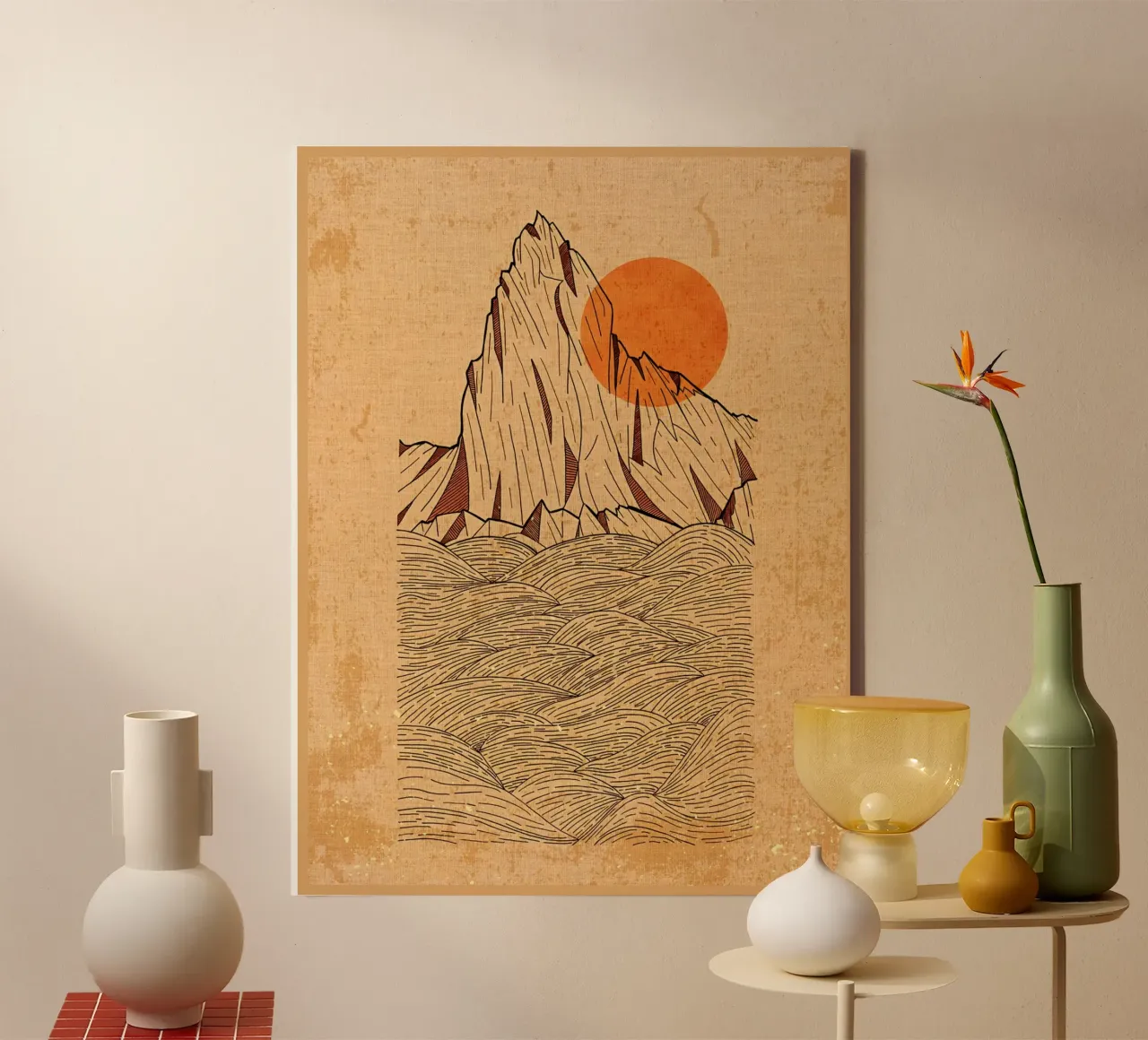 mountain sun sea waves landscape rocky canvas with Floater frame by Christine N Shay
