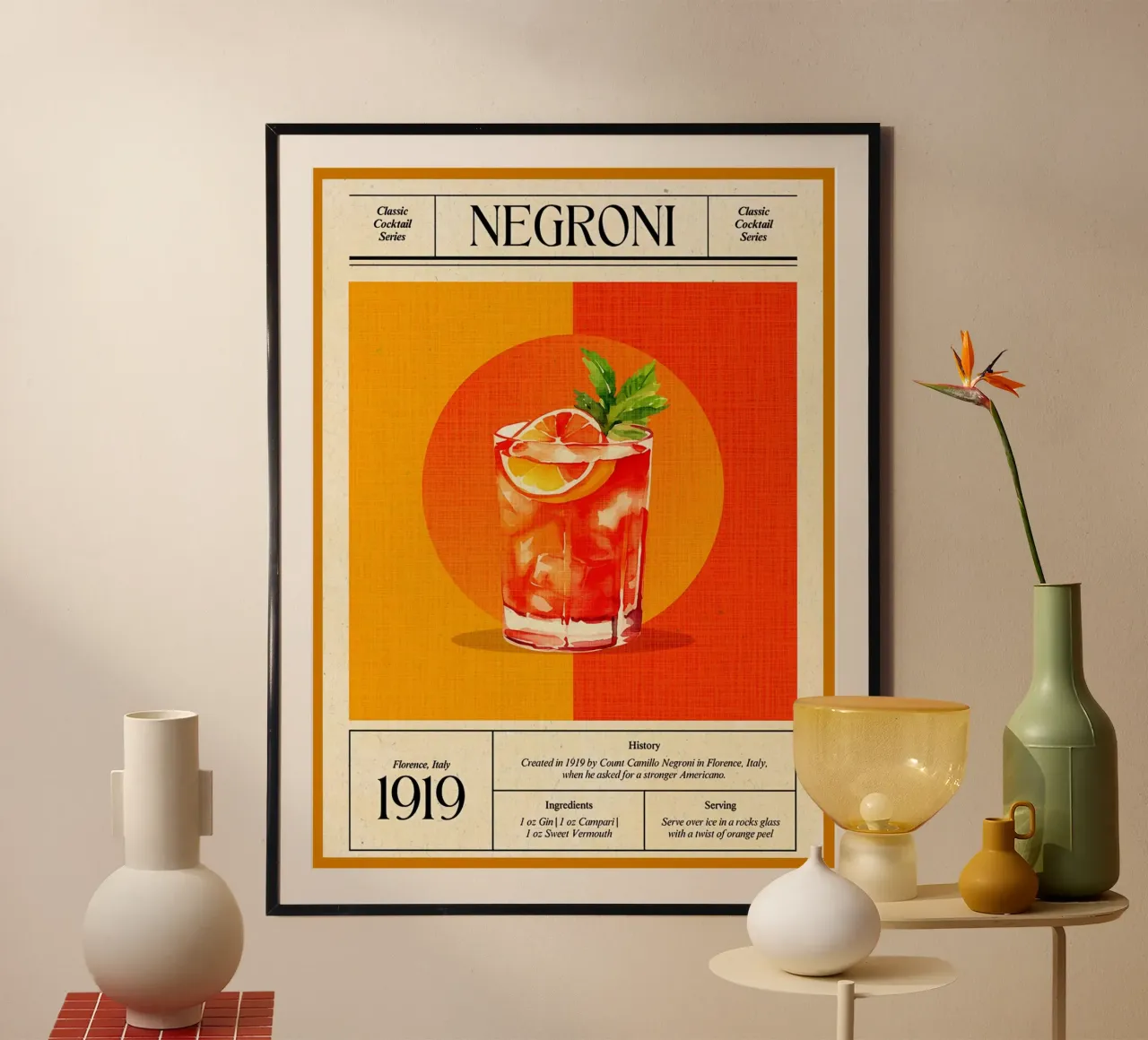 cocktail negroni fetta d'arancia bicchiere ghiaccio poster con telaio in plastica da Christine N Shay