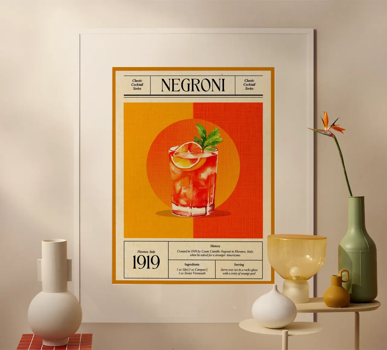 cocktail negroni fetta d'arancia bicchiere ghiaccio poster con telaio in plastica da Christine N Shay
